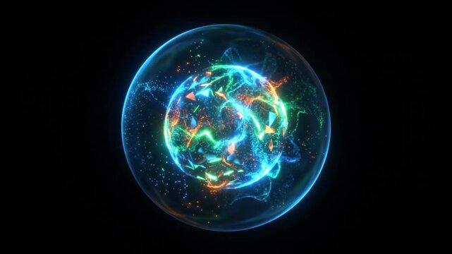 ボリュメトリックレンダリング風の黒背景でリソソームが標的と融合し加水分解する抽象的な医療CG映像