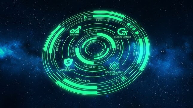 Futuristic digital interface with financial data and global market analysis holographic display on a dark space background with nebula