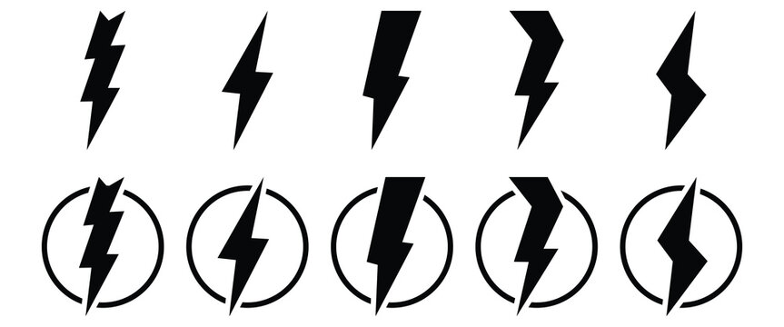 Thunder Bolt Vector Icon, Lightning strick symbol, Graphic elements, Vector stock. Illustration of thunder and lightning, icon set isolated on white background. Electric lightning art design. eps10.
