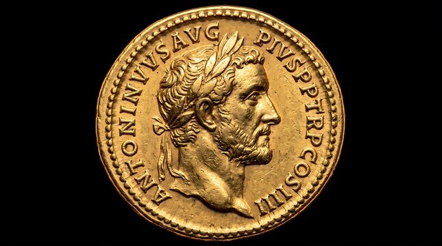 Ancient roman gold coin featuring the portrait of emperor antoninus pius, detailed profile view of the roman ruler with laurel wreath, numismatic historical artifact