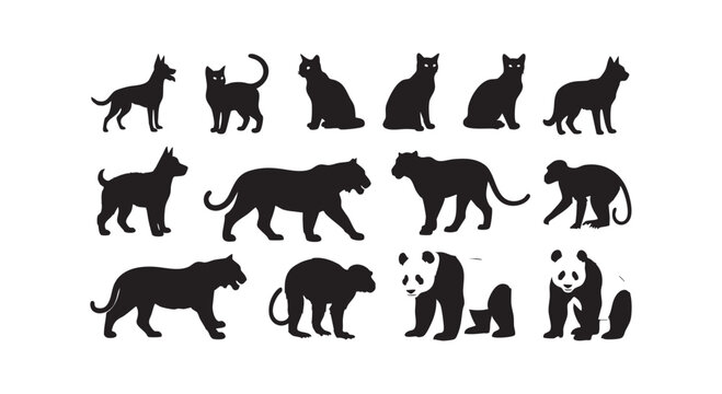 Assorted animal silhouettes including dogs cats tigers pandas and monkeys for diverse design projects.