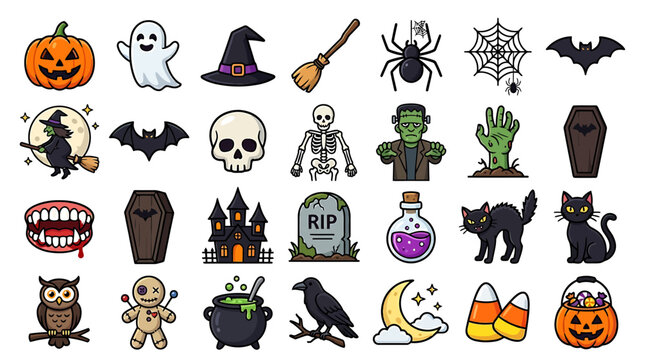 Halloween icons featuring various spooky and festive illustrations on a white background