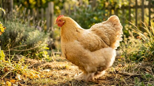 cochin chicken on farmyard golden light close up video