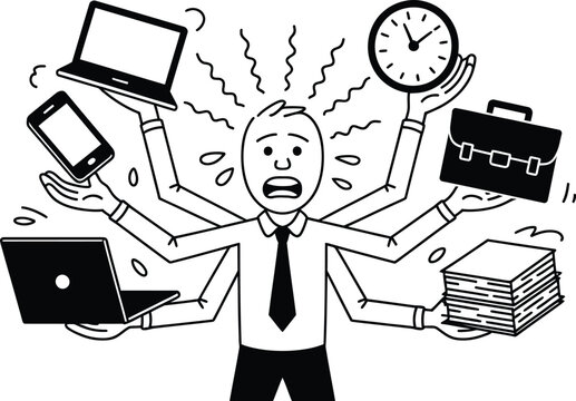 Stressed businessman multitasking with multiple arms, overwhelmed office worker juggling laptop clock and paperwork, black and white line art vector