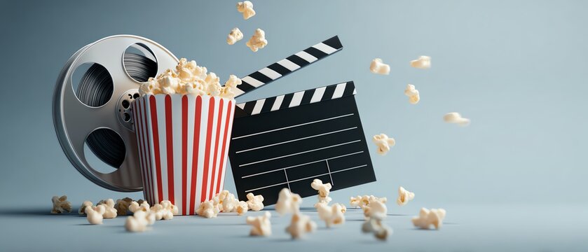 Classic movie setup with popcorn and film reel.