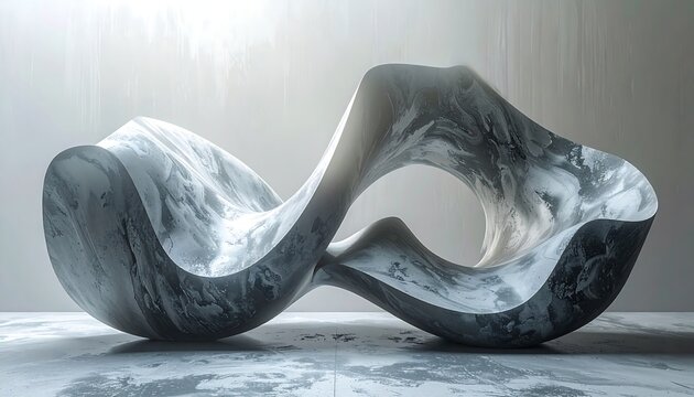Sculpted, abstract gray structure with swirling patterns, light-filled