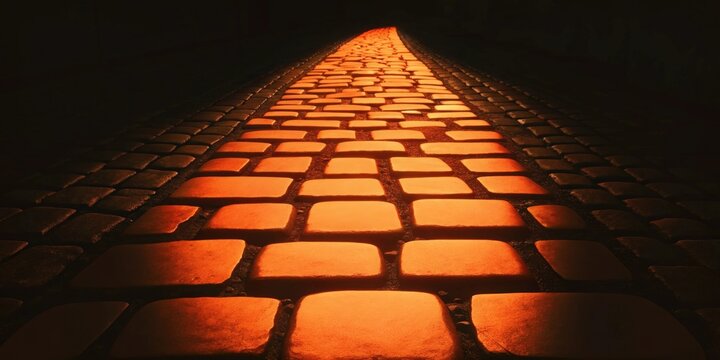 Illuminated cobblestone path glowing warmly against a dark background.