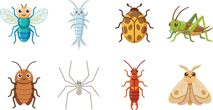 Cute cartoon insects and garden bugs vector icon set isolated on white background for children education