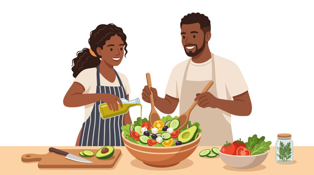 Happy African American couple preparing and tossing fresh vegetable salad for healthy lifestyle flat vector illustration