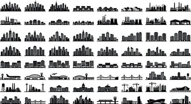 Urban city skyline silhouette mega vector pack with airports skyscrapers factories industrial plants bridges and town infrastructure