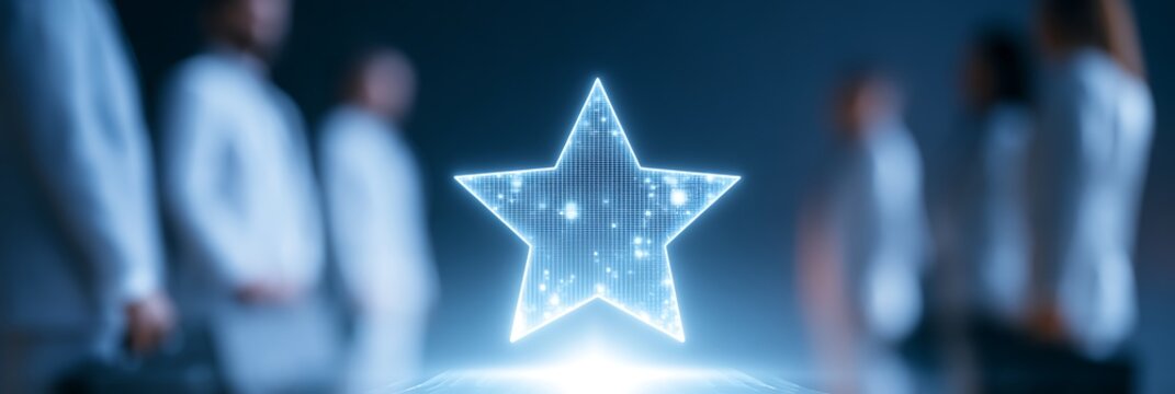 Businesspeople stand in a blurred line formation behind a bright glowing star symbol that represents high performance metrics and outstanding corporate achievement in a professional environment.