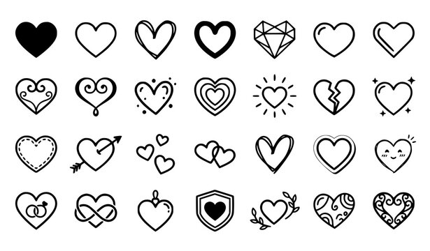 Collection of 25 unique heart icons in various styles and designs