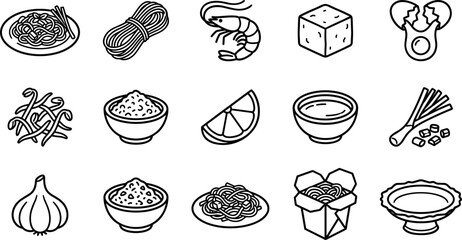 Thai pad thai noodle cooking ingredients line art vector icons for southeast asian restaurant menu packaging ui. © Ruksana Studio