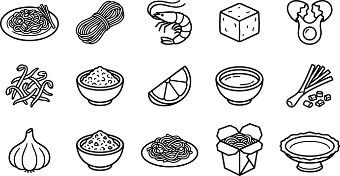 Thai pad thai noodle cooking ingredients line art vector icons for southeast asian restaurant menu packaging ui.