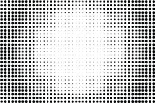 Abstract black and white halftone background with central gradient dot texture vignette