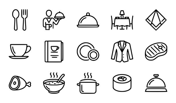 Restaurant icon set dining service and cuisine line art collection