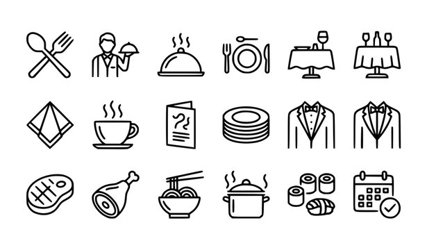 Restaurant services and dining icons set linear style