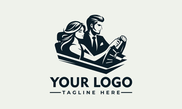 Elegant man and woman driving a car together as a minimalist vector logo design.