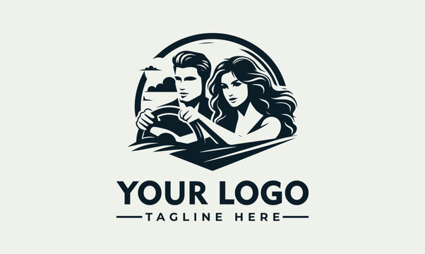 Stylized logo design featuring a man and woman driving a car together.