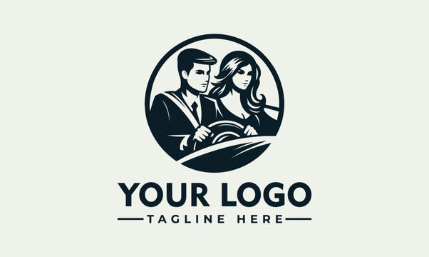 Minimalist circular logo design featuring a man and woman driving a car together.