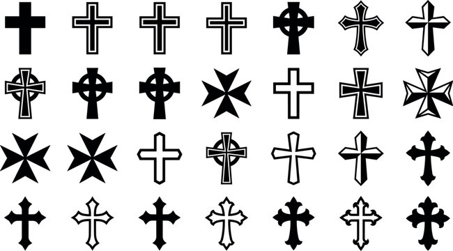 Christian Cross Icon Set Featuring Celtic Maltese and Gothic Religious Symbols for Church Branding Easter Tattoos Memorial Tributes and Spiritual Digital Graphic Designs