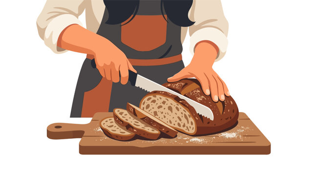 Artisan baker slicing fresh crusty whole grain sourdough bread on a wooden board flat vector illustration.