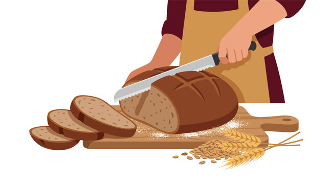 Artisan baker slicing fresh crusty whole grain bread on wooden board flat design vector illustration.