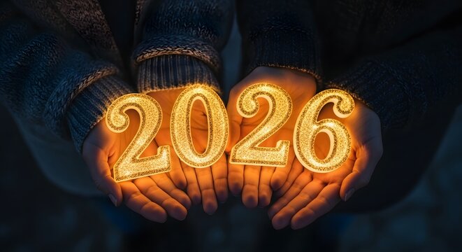 Glowing golden number 2026 held in hands of people in winter clothes