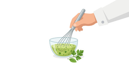 Fototapeta premium Professional chef hand whisking fresh herb sauce in a glass bowl flat design vector illustration