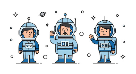 A digital illustration of three cartoon astronauts in space © Asmiya