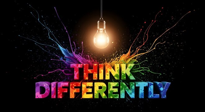 Think differently text with colorful paint splashes and a glowing light bulb on a black background