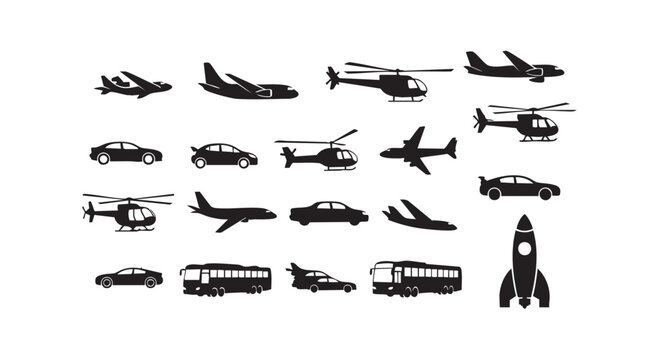 Aviation and ground transport silhouettes including airplanes helicopters cars buses and space rocket graphic element set.