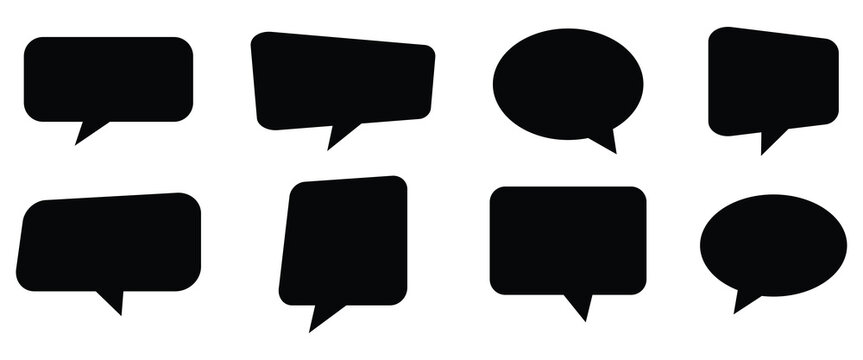 Collection of eight different blank black speech bubble outlines including square round cloud and overlapping shapes for text. eps10
