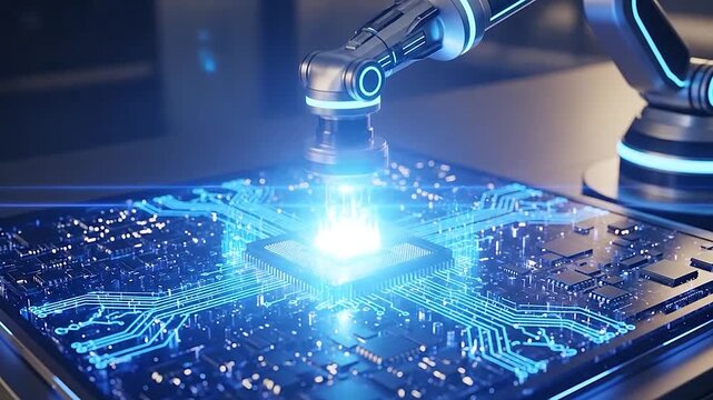 Robotic arm installing a glowing microchip onto a futuristic circuit board