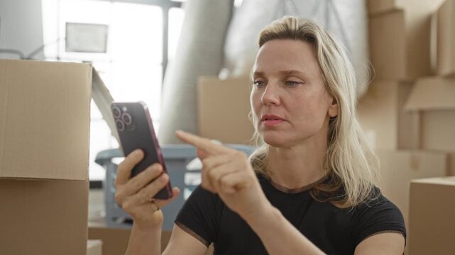 Woman points finger to smartphone while seated amid stacked cardboard boxes and moving supplies in building; satisfaction connection.