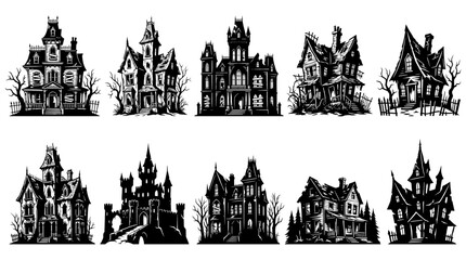 Obraz premium Set of haunted houses, spooky mansions, and gothic castles for halloween design elements
