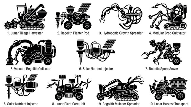 Set of futuristic lunar farming and agriculture machinery icons, including harvesters, planters, and robotic cultivators for space exploration and extraterrestrial colonization