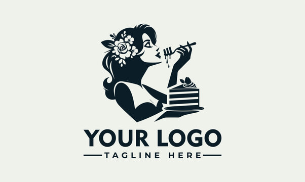 Elegant woman eating a slice of cake logo design template.