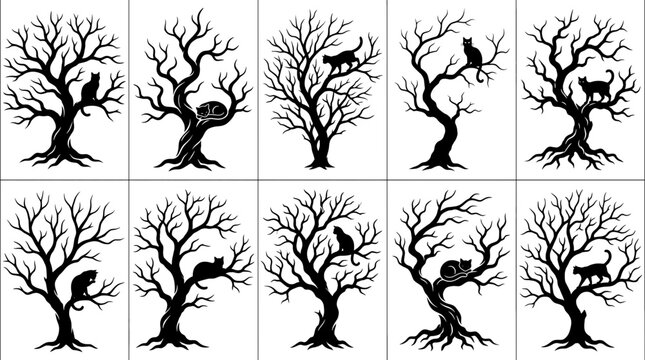 Set of black silhouettes of leafless trees with cats sitting on branches