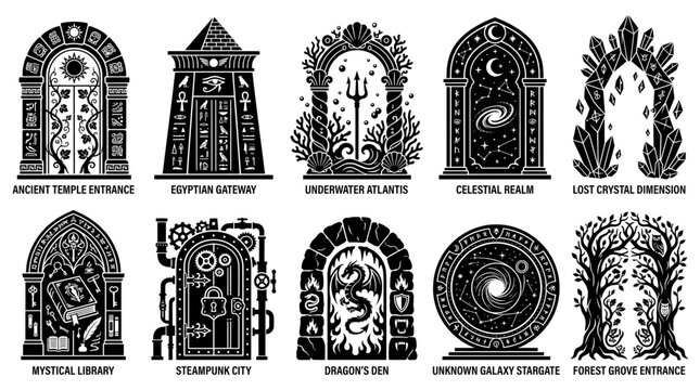 Set of magical portals and gateways, ancient temple entrance, egyptian gateway, underwater atlantis, celestial realm, lost crystal dimension, mystical library, steampunk city, dragons den, unknown gal