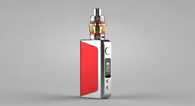 Red and silver vape device with gold atomizer on gray background