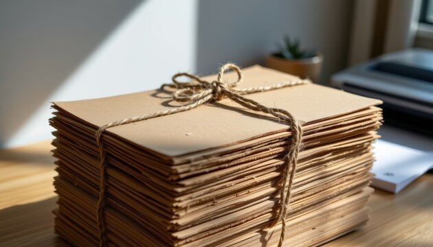 Stack of tied vintage envelopes on wooden table with sunlight and office items in background