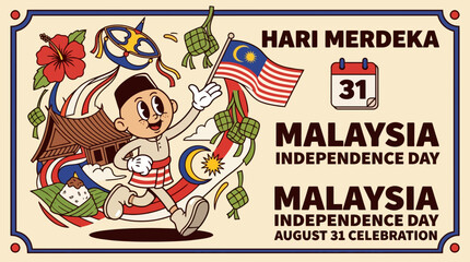Obraz premium Malaysia Independence Day Cultural Vector Illustration with Boy Holding Flag