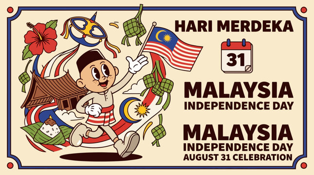 Malaysia Independence Day Cultural Vector Illustration with Boy Holding Flag