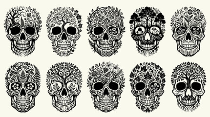 Obraz premium Set of ten decorative skulls with floral and botanical elements, intricate natureinspired illustrations, black and white vector art, artistic skull designs with leaves and flowers