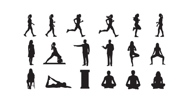 Black human silhouettes set of people walking running doing yoga and meditating on white background for creative design.