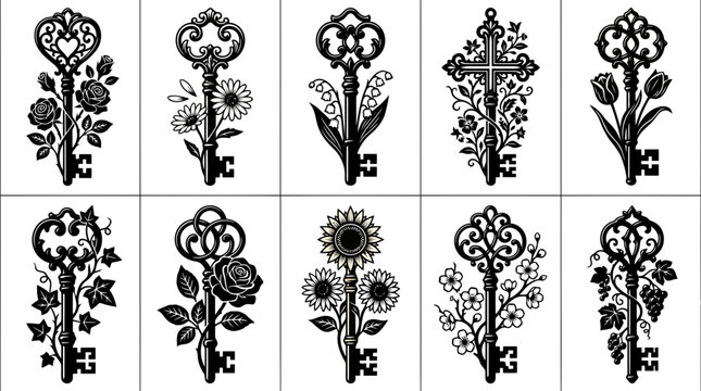 Set of vintage keys decorated with various flowers and plants, floral key collection, ornate skeleton keys with botanical elements