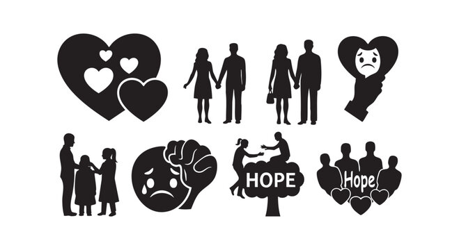 Black silhouette collection featuring diverse couples showing love heartbreak support and hope concepts isolated on white.
