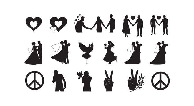 Black silhouette collection of romantic couples wedding themes and peace symbols for creative graphic design projects.