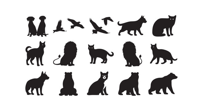 Black silhouette collection of wild animals featuring bears lions cats and birds flying isolated on white background.